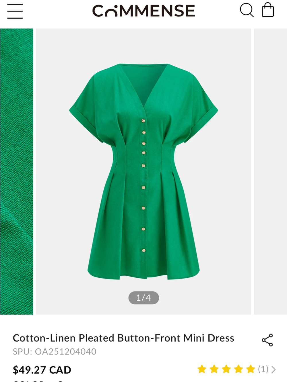 Commense Emerald Green Cotton-Linen Pleated Mini Dress